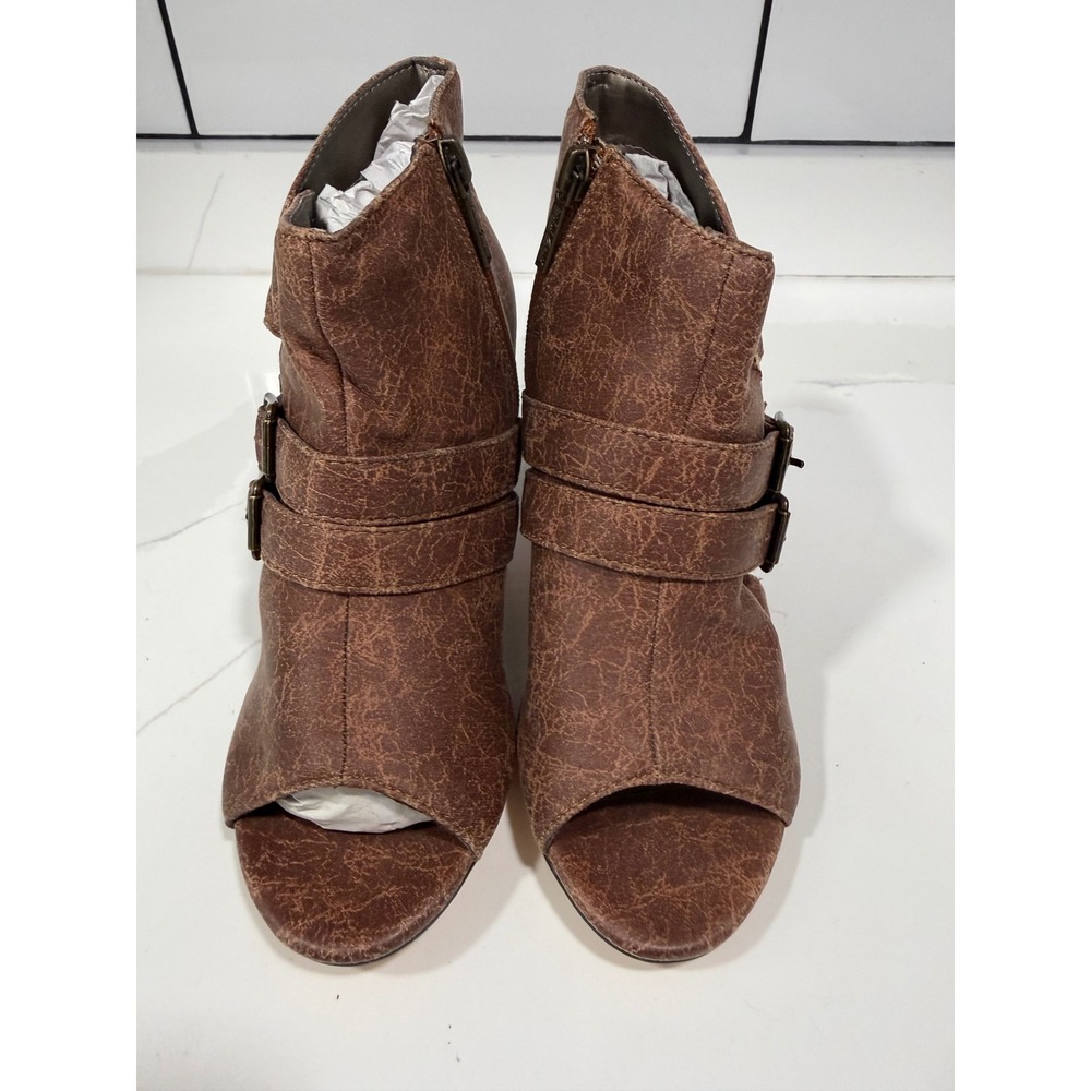 Michael Antonio Brown Distressed Peep Toe Cutout Buckle Ankle Boots Heel 3in